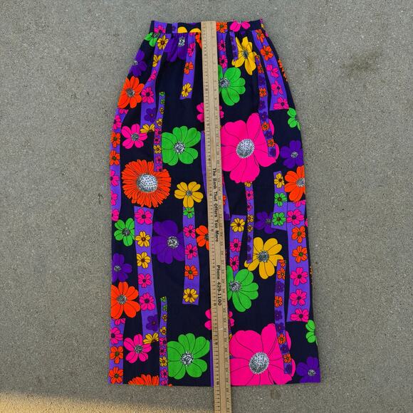 Vintage 60s Flower Power Mod Day Glo Barkcloth Ditzy Daisy Long Skirt SMALL? - Picture 4 of 7
